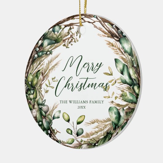 Vrolijk Kerstmis Elegant Script Rustiek Botanisch Keramisch Ornament (Links)