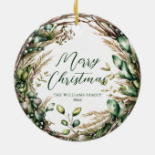 Vrolijk Kerstmis Elegant Script Rustiek Botanisch Keramisch Ornament (Achterkant)