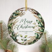 Vrolijk Kerstmis Elegant Script Rustiek Botanisch Keramisch Ornament