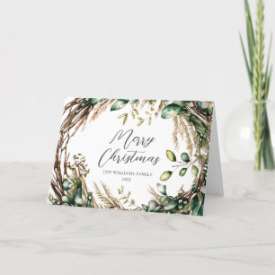 Vrolijk Kerstmis Elegant Script Rustieke krans Feestdagen Kaart