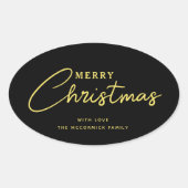 Vrolijk Kerstmis Elegant Zwart en Goud Script Ovale Sticker (Voorkant)