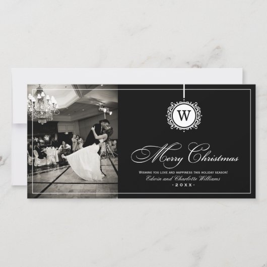 Vrolijk Kerstmis Elegant Zwart Monogram Foto Feestdagenkaart (Voorkant)