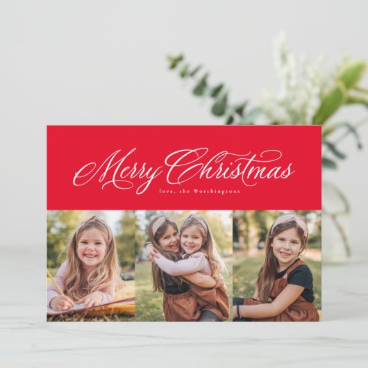 Vrolijk Kerstmis elegante drie foto rood Feestdagenkaart (Staand voorkant)