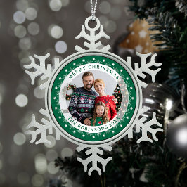 Vrolijk Kerstmis Elegante Familie Foto Groen & Wit Tin Sneeuwvlok Ornament