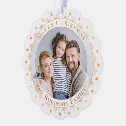 Vrolijk Kerstmis Elegante Faux Gold Familie Foto Ornament Kaart (Links)