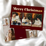 Vrolijk Kerstmis Elegante Foto Rood Folie Feestdagenkaart<br><div class="desc">Vier het seizoen met onze gepersonaliseerde kerstkaart. Op de voorkant wordt de elegante kop 'Vrolijk kerstfeest' in decoratief serif lettertype aangevuld met drie gekoesterde foto's. Voeg op de achterkant nog vier foto's toe en personaliseer uw boodschap voor een welgemeende aanraking.</div>