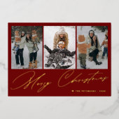 Vrolijk Kerstmis elegante gouden script 3 foto roo Folie Feestdagenkaart (Voorkant)