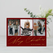 Vrolijk Kerstmis elegante gouden script 3 foto roo Folie Feestdagenkaart (Staand Voorkant)