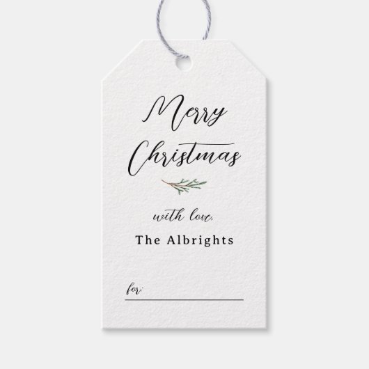 Vrolijk Kerstmis Elegante Pine & Familienaam Cadeaulabel (Voorkant)