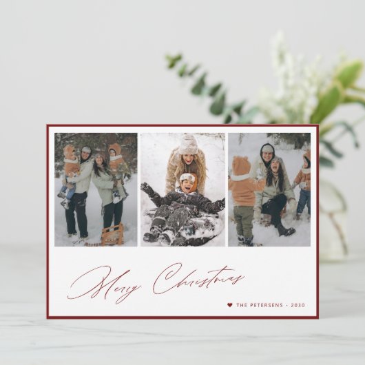 Vrolijk Kerstmis elegante script 3 foto collage Feestdagenkaart (Staand voorkant)