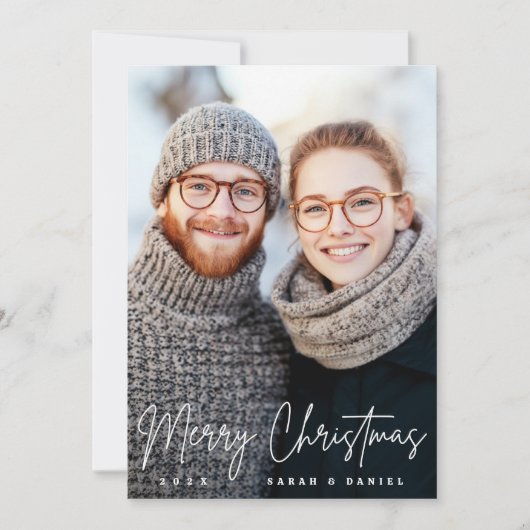 Vrolijk Kerstmis elegante script pine groene foto Feestdagenkaart (Voorkant)