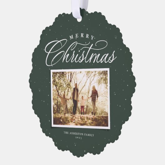 Vrolijk Kerstmis elegante vier foto collage groen Ornament Kaart (Links)