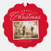 Vrolijk Kerstmis elegante vier foto collage rood Ornament Kaart (Voorkant)