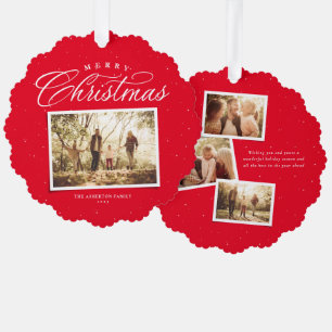 Vrolijk Kerstmis elegante vier foto collage rood Ornament Kaart