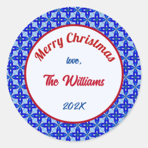 Vrolijk Kerstmis Familie Blauw Glas in lood Ronde Sticker