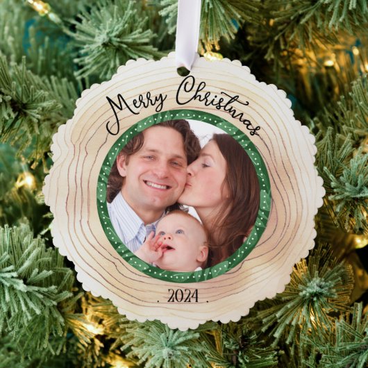 Vrolijk Kerstmis Familie Foto Aangepaste GROEN Ornament Kaart (Insitu (Drie))
