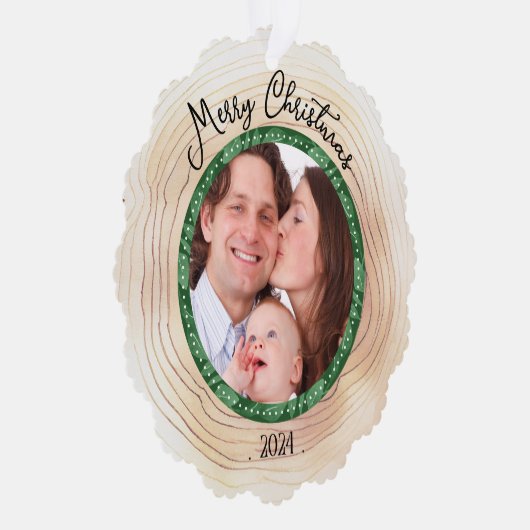 Vrolijk Kerstmis Familie Foto Aangepaste GROEN Ornament Kaart (Rechts)