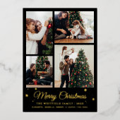 Vrolijk Kerstmis Familie Foto Collage Plaid Gold Folie Feestdagenkaart (Voorkant)