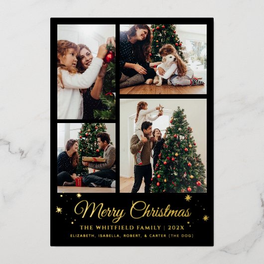 Vrolijk Kerstmis Familie Foto Collage Plaid Gold Folie Feestdagenkaart (Voorkant)