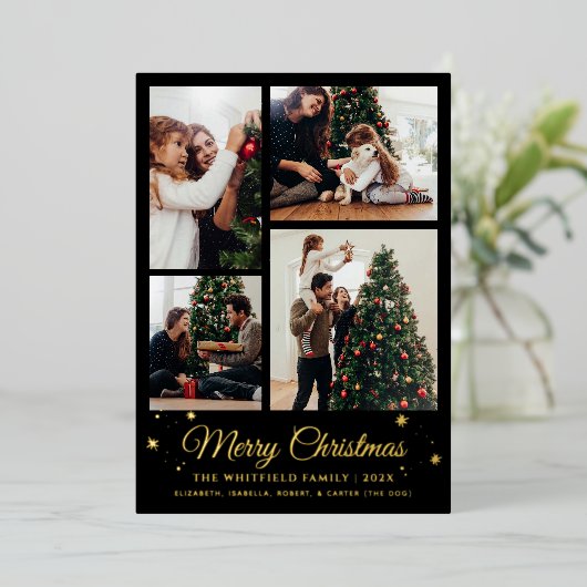 Vrolijk Kerstmis Familie Foto Collage Plaid Gold Folie Feestdagenkaart (Staand Voorkant)