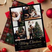 Vrolijk Kerstmis Familie Foto Collage Plaid Gold Folie Feestdagenkaart