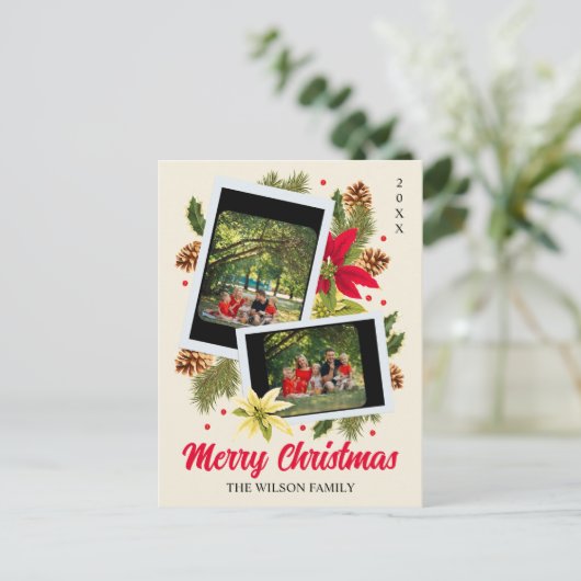Vrolijk Kerstmis Familie Foto Collage Rode Bloem Feestdagenkaart (Staand voorkant)