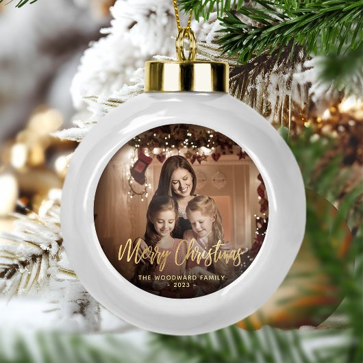 Vrolijk Kerstmis Familie Foto Elegant Goud Script Keramische Bal Ornament