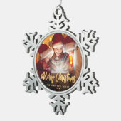Vrolijk Kerstmis Familie Foto Elegant Goud Script Tin Sneeuwvlok Ornament (Rechts)