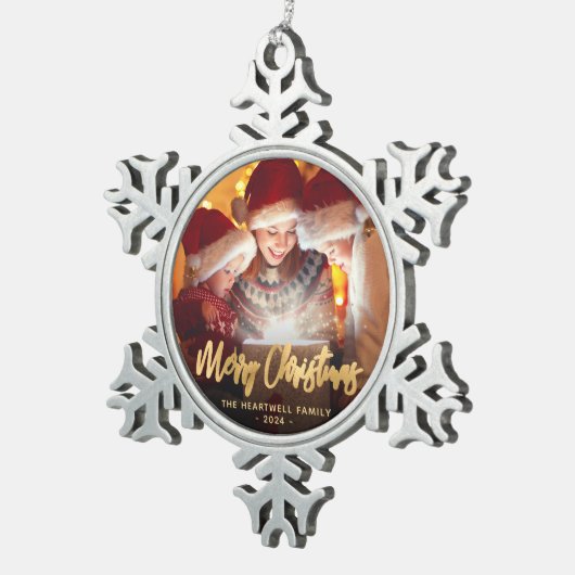 Vrolijk Kerstmis Familie Foto Elegant Goud Script Tin Sneeuwvlok Ornament (Rechts)