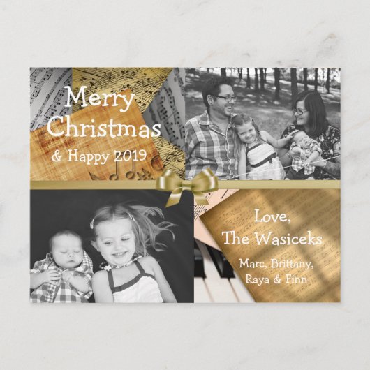 Vrolijk Kerstmis Familie Foto Gouden Boog Muzikale Feestdagenkaart (Voorkant)