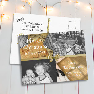 Vrolijk Kerstmis Familie Foto Gouden Boog Muzikale Feestdagenkaart