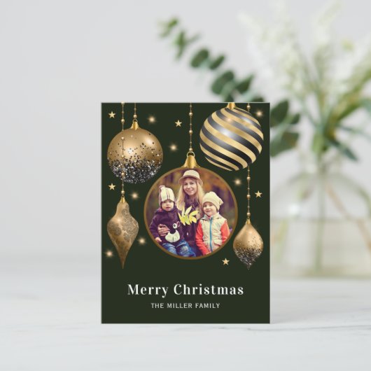 Vrolijk Kerstmis Familie Foto Groen Goud Feestdagenkaart (Staand voorkant)