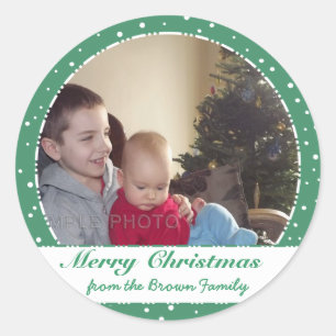 Vrolijk Kerstmis Familie Foto Groene Cirkel Sticke Ronde Sticker