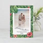 Vrolijk Kerstmis Familie Foto Tropisch Bloemblad Feestdagenkaart (Staand voorkant)