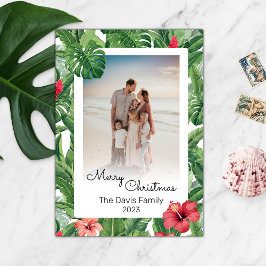 Vrolijk Kerstmis Familie Foto Tropisch Bloemblad Feestdagenkaart