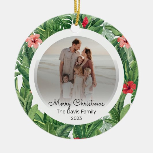 Vrolijk Kerstmis Familie Foto Tropisch Bloemblad Keramisch Ornament (Voorkant)