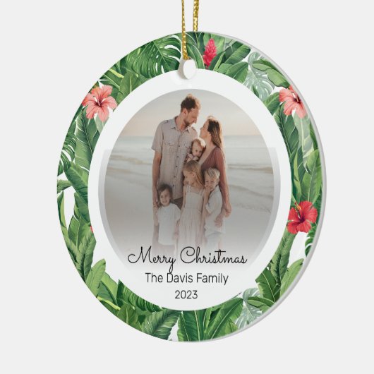 Vrolijk Kerstmis Familie Foto Tropisch Bloemblad Keramisch Ornament (Links)