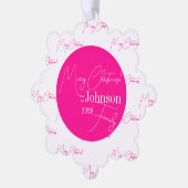 Vrolijk Kerstmis Familie Modern Hot Pink Ornament Kaart (Links)