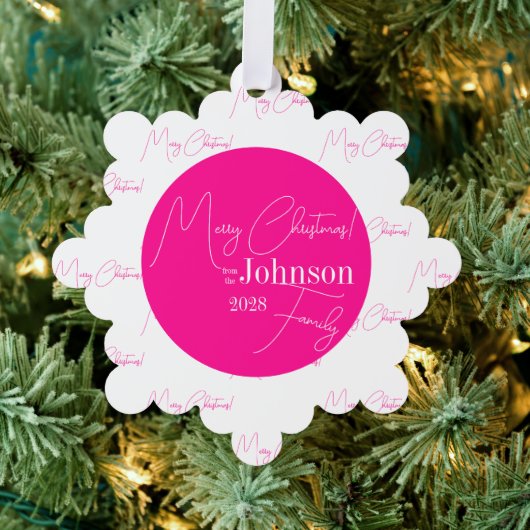Vrolijk Kerstmis Familie Modern Hot Pink Ornament Kaart (Insitu (Drie))