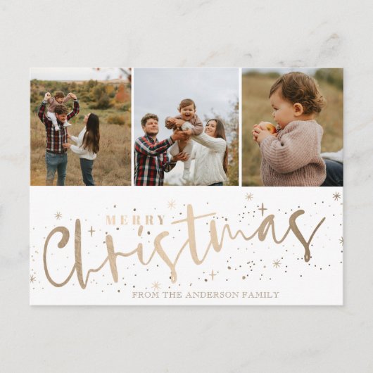 Vrolijk Kerstmis Faux Gold 3 Foto Kerstmis Briefkaart (Voorkant)