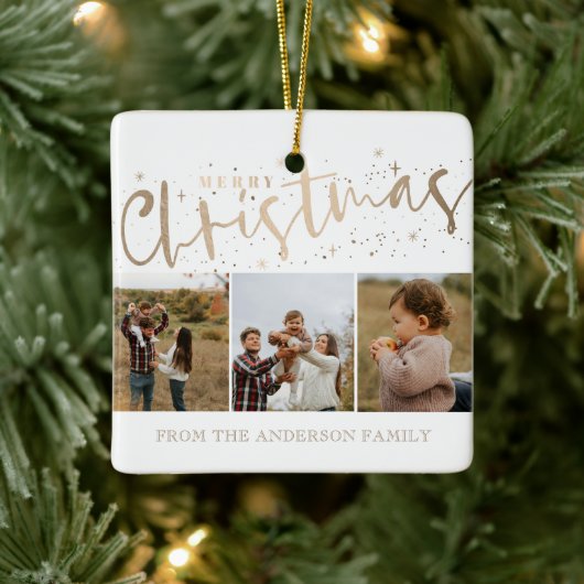 Vrolijk Kerstmis Faux Gold 3 Foto Kerstmis Keramisch Ornament (Boom)