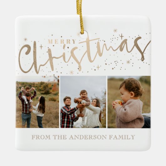 Vrolijk Kerstmis Faux Gold 3 Foto Kerstmis Keramisch Ornament (Voorkant)