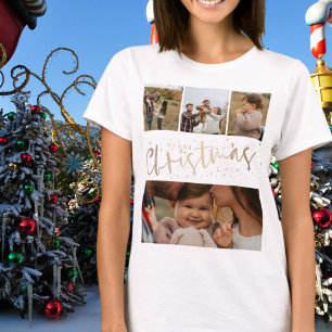 Vrolijk Kerstmis Faux Gold 4 Foto Kerstmis T-shirt