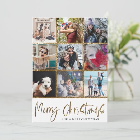 Vrolijk Kerstmis faux goud Multi Foto Feestdagenkaart (Staand voorkant)