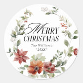 Vrolijk Kerstmis Floral krans familienaam Ronde Sticker (Voorkant)