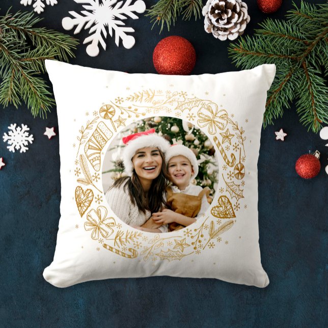Vrolijk Kerstmis Foto Gouden krans Kussen (Creator heeft geüpload)