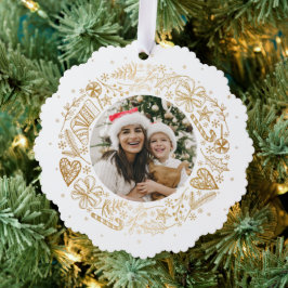 Vrolijk Kerstmis Foto Gouden krans Ornament Kaart