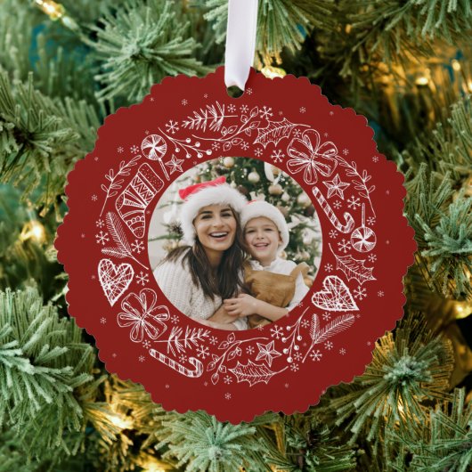 Vrolijk Kerstmis Foto Gouden krans Rood Ornament Kaart (Insitu (Drie))