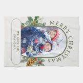 Vrolijk Kerstmis Foto Holly en Pine gepersonalisee Theedoek (Horizontaal)