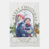 Vrolijk Kerstmis Foto Holly en Pine gepersonalisee Theedoek (Verticaal)